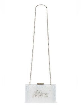Olga Berg White Acrylic 'Mrs' Clutch with Silver Chain